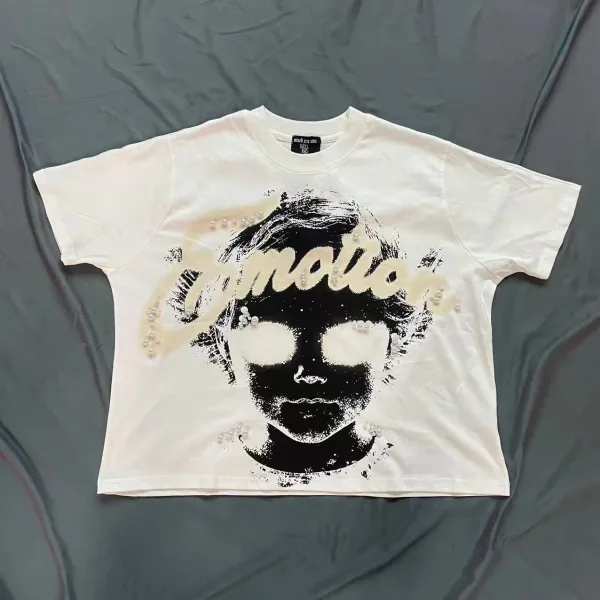 Design Mixed By Ali Emotion Graphic Pearl-Embroidered T-Shirt White T-Shirts - 1