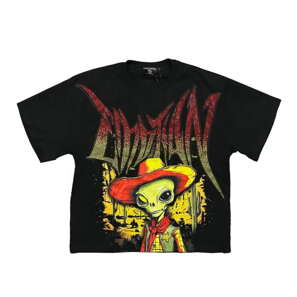 Design Mixed Emotion Alien Cowboy Rhinestone Graphic T-Shirt Black T-Shirts - 1