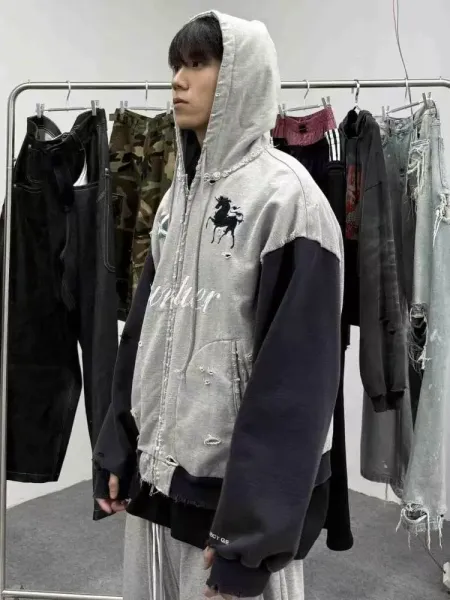 Cuntier x Unknown Collaborative Distressed Hoodie Gray/Black - 3