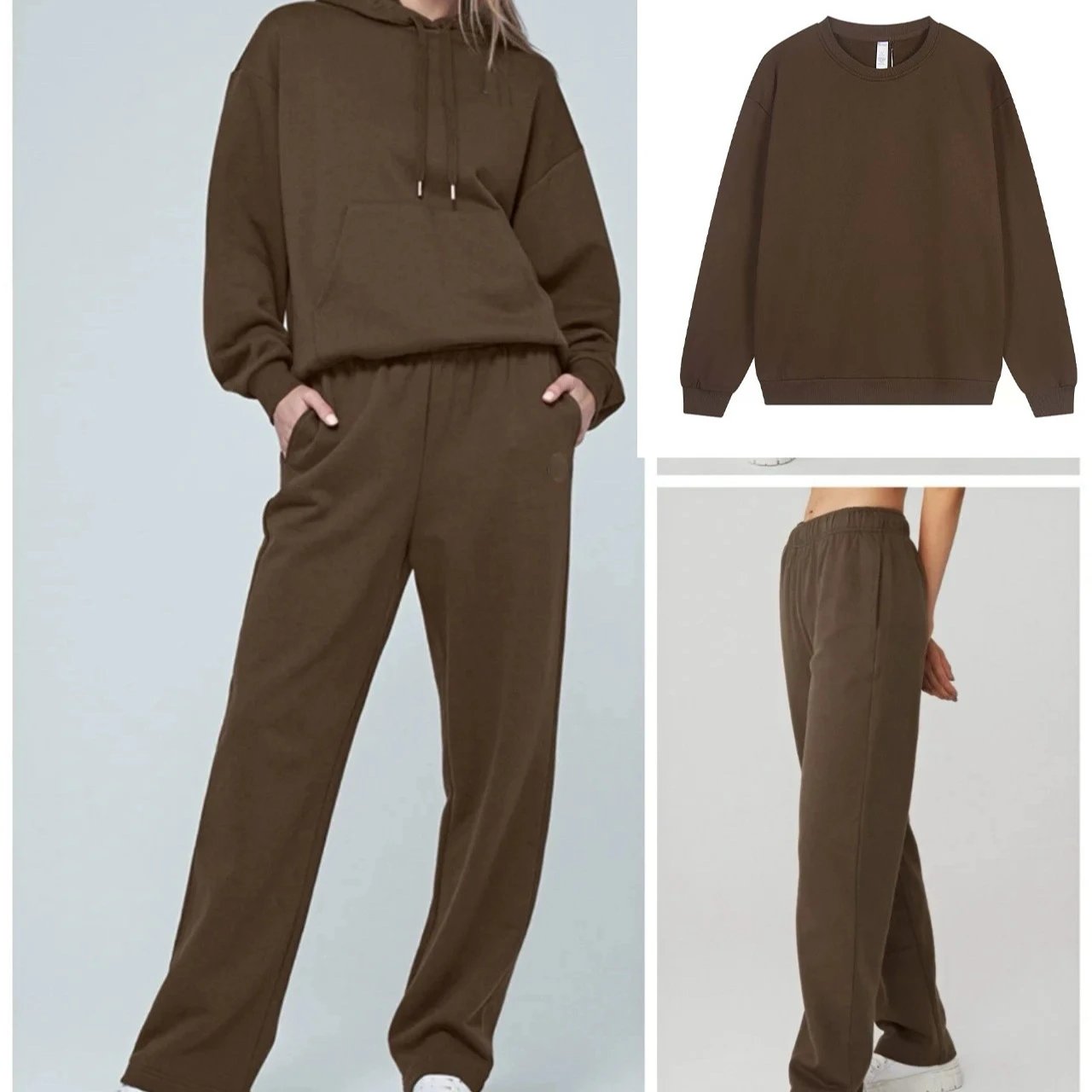 Minimalist Hooded Sweatshirt Set Black Gray Brown Casual Tracksuit