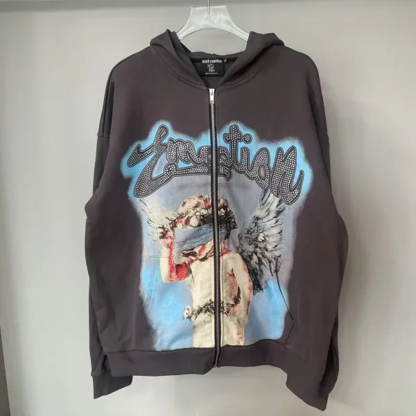 Mixed Emotion Angel Print Zip-Up Hoodie Gray - 1