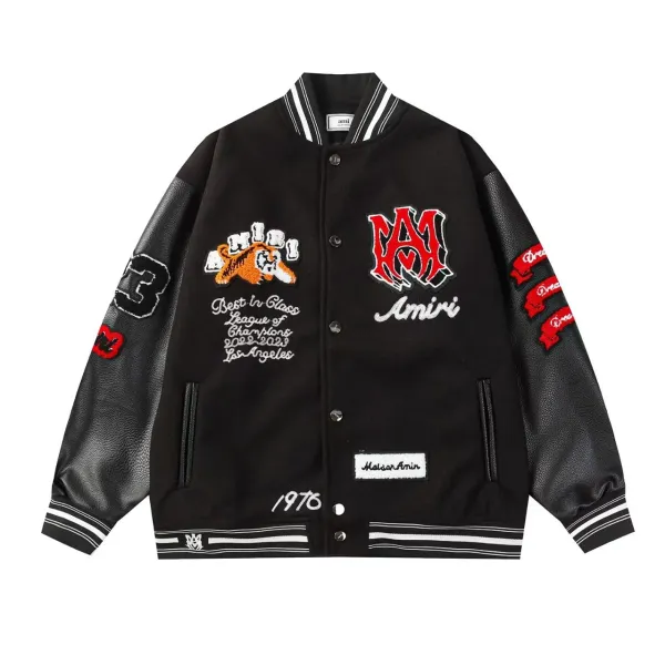 Amiri Varsity Jacket Black Leather-Sleeve Embroidered Bomber Jacket - 1