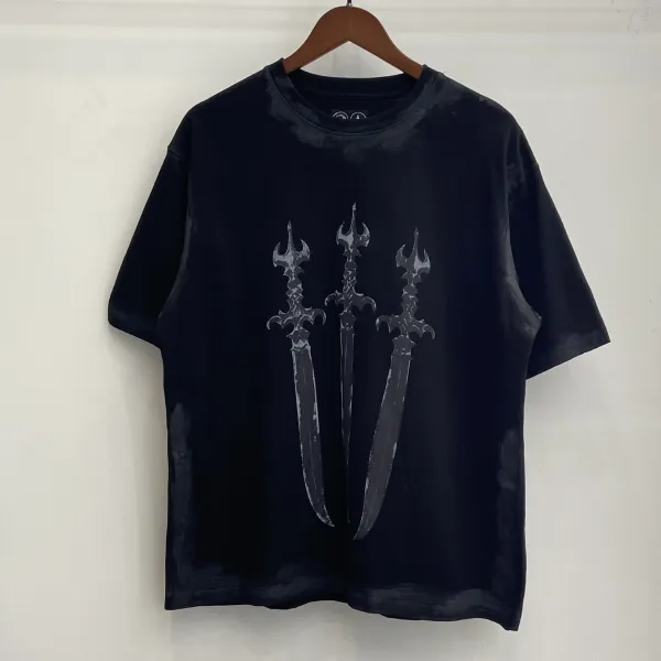 Design Three Swords Distressed Black T-Shirt - 1