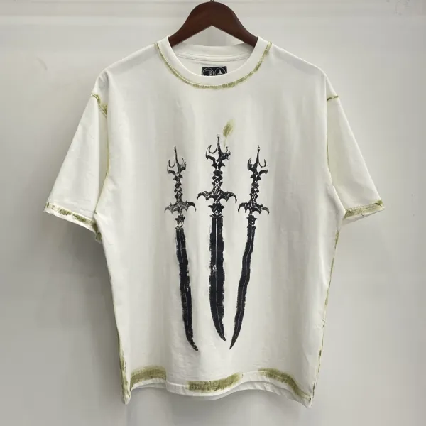 Design Three Swords Graphic Distressed White T-Shirt - 1