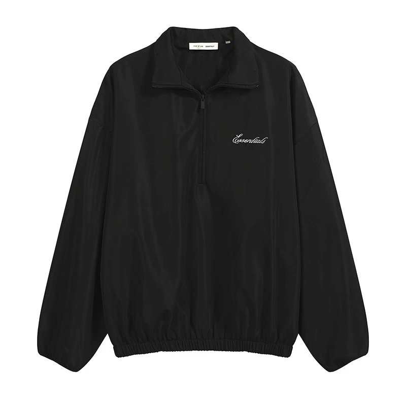 Black Lightweight Windbreaker Jacket with Embroidered Logo Casual Style