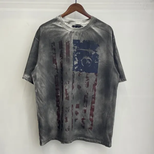Design Distressed American Flag Print Acid Wash T-Shirt - 1