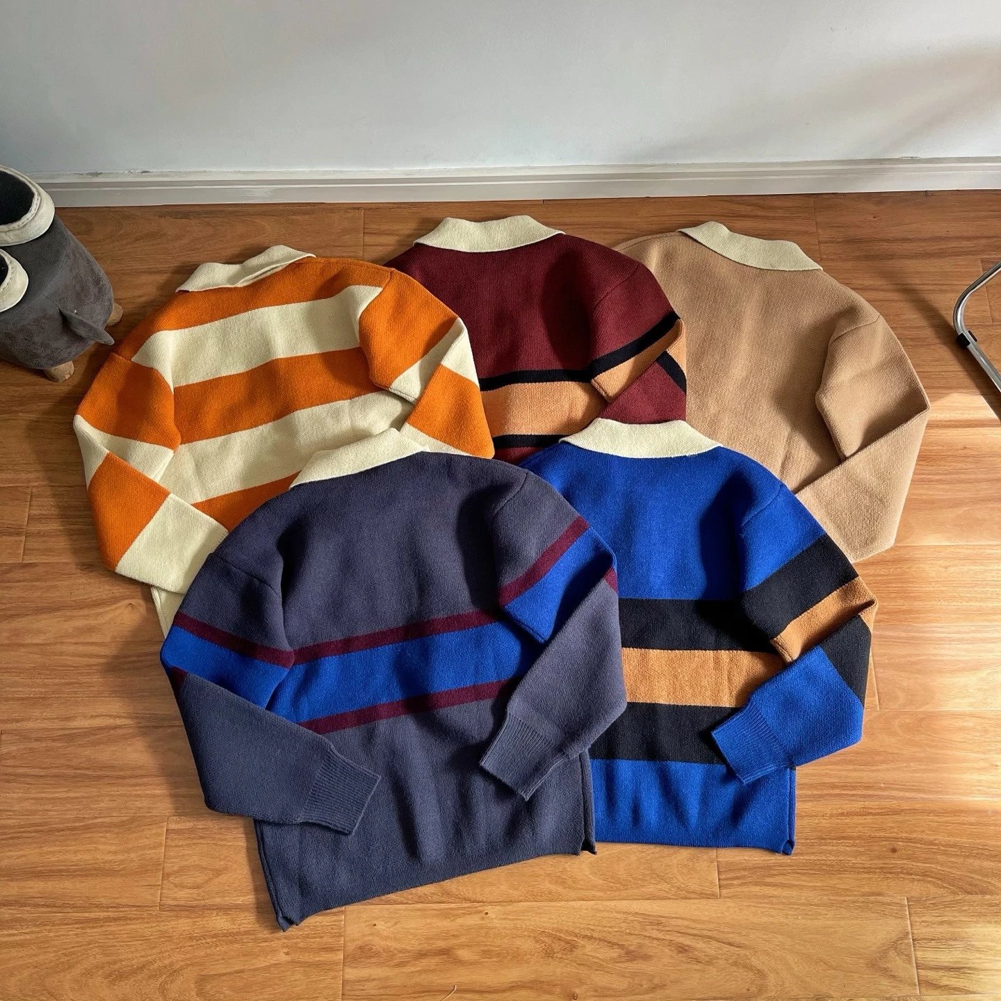 Patagonia P-6 Logo Stripe Cream Collar Knit Polo Sweater