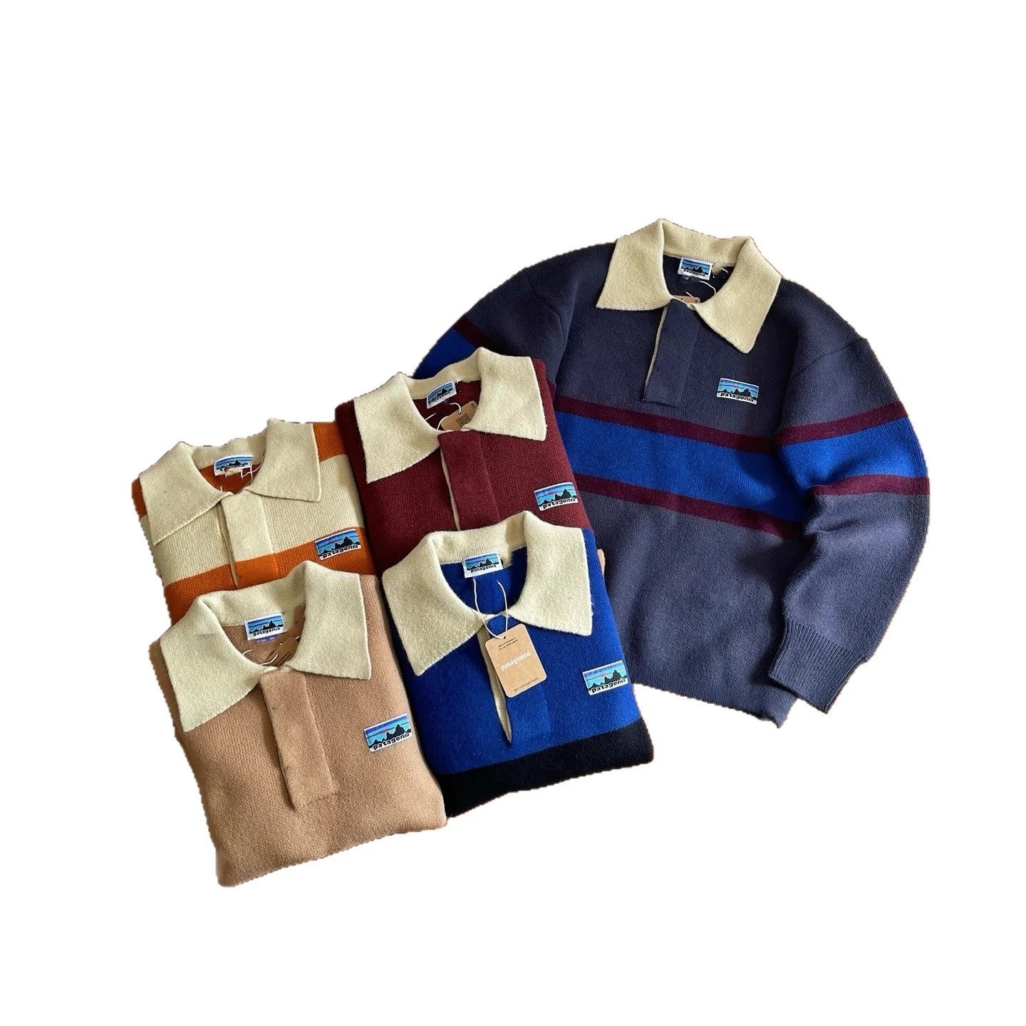 Patagonia P-6 Logo Stripe Cream Collar Knit Polo Sweater