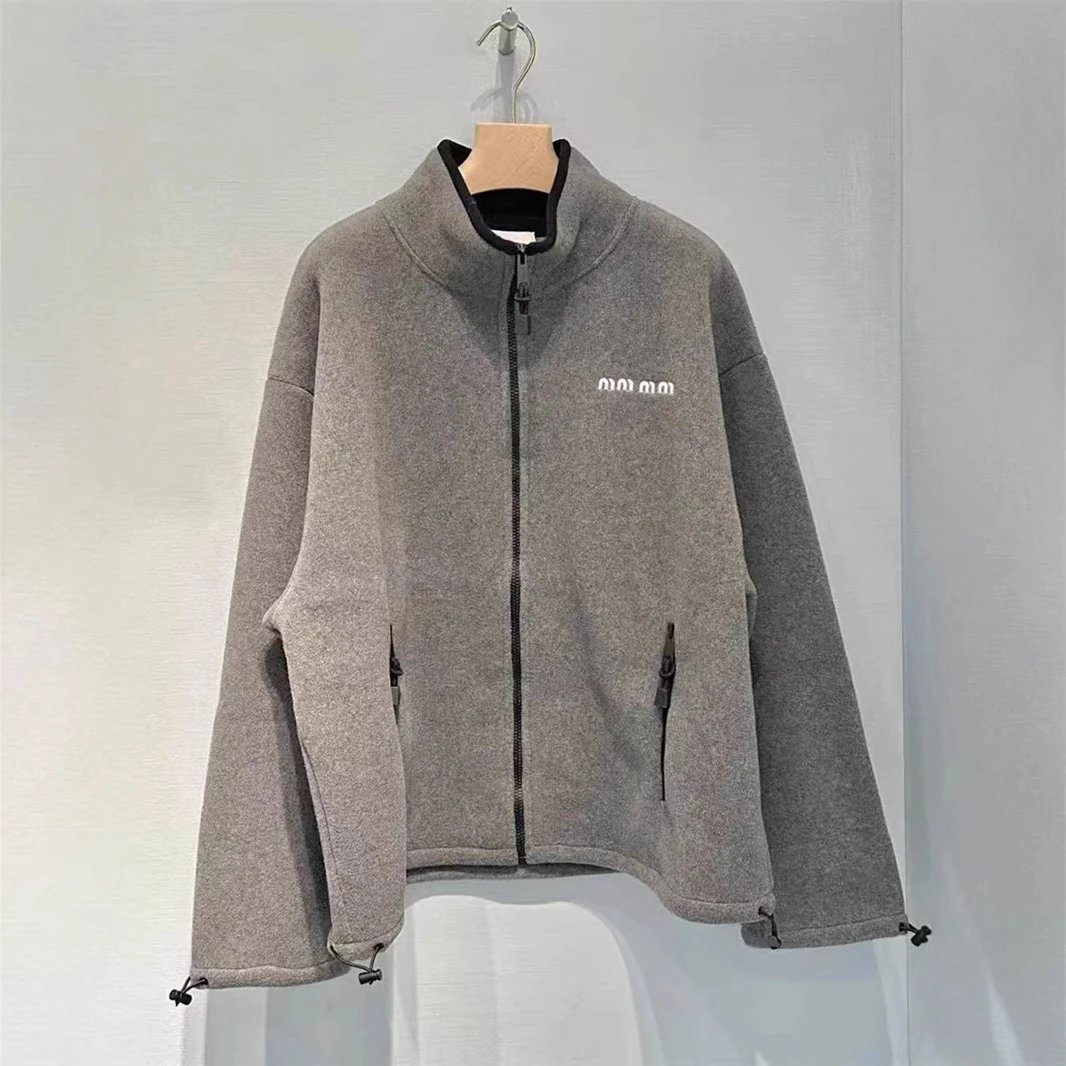 Letter Embroidery Logo Gray Fleece Loose Jacket Couple