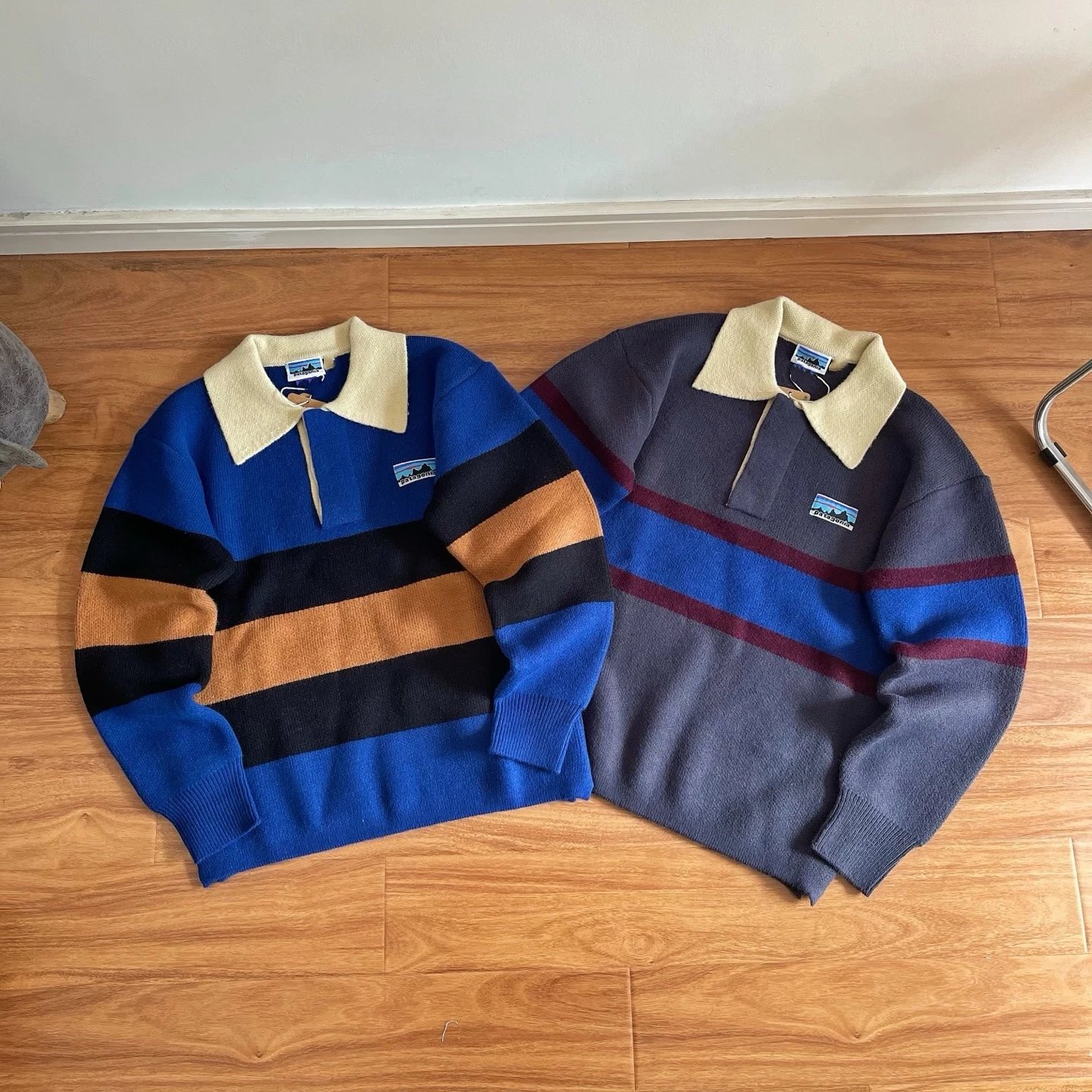 Patagonia P-6 Logo Stripe Cream Collar Knit Polo Sweater