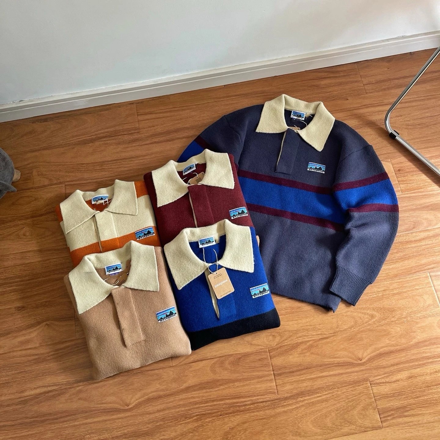 Patagonia P-6 Logo Stripe Cream Collar Knit Polo Sweater