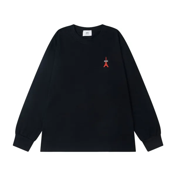 Ami Paris Eiffel Tower Embroidered Black Long-Sleeve T-Shirt - 1