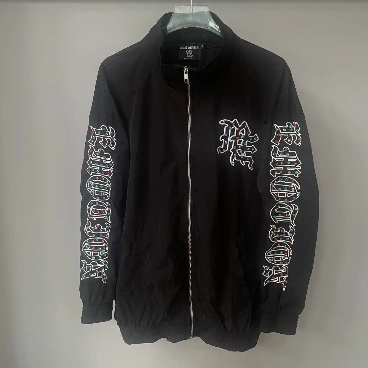 Mixed Emotion Crystal-Embroidered Gothic Script Windbreaker Black Jacket - 1