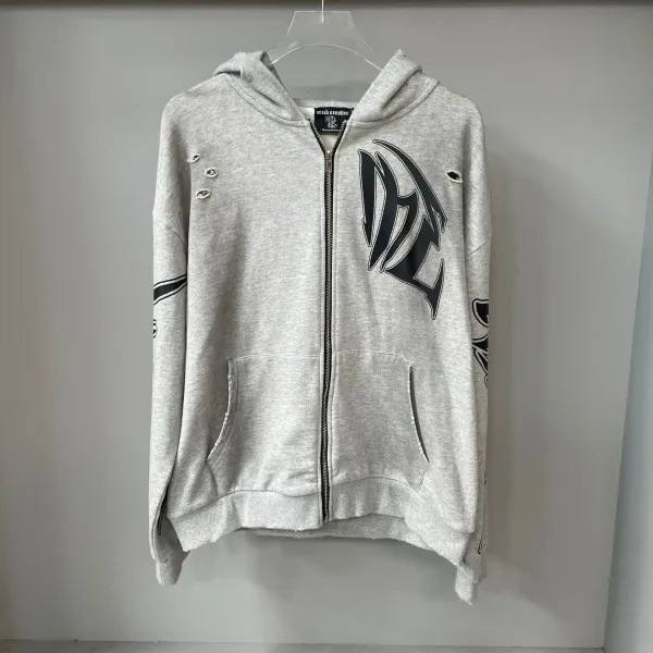 Mixed Emotion Distressed Graphic Zip-Up Hoodie Gray - 1