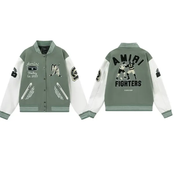 Amiri Hockey Fighters Varsity Jacket Army Green - 1