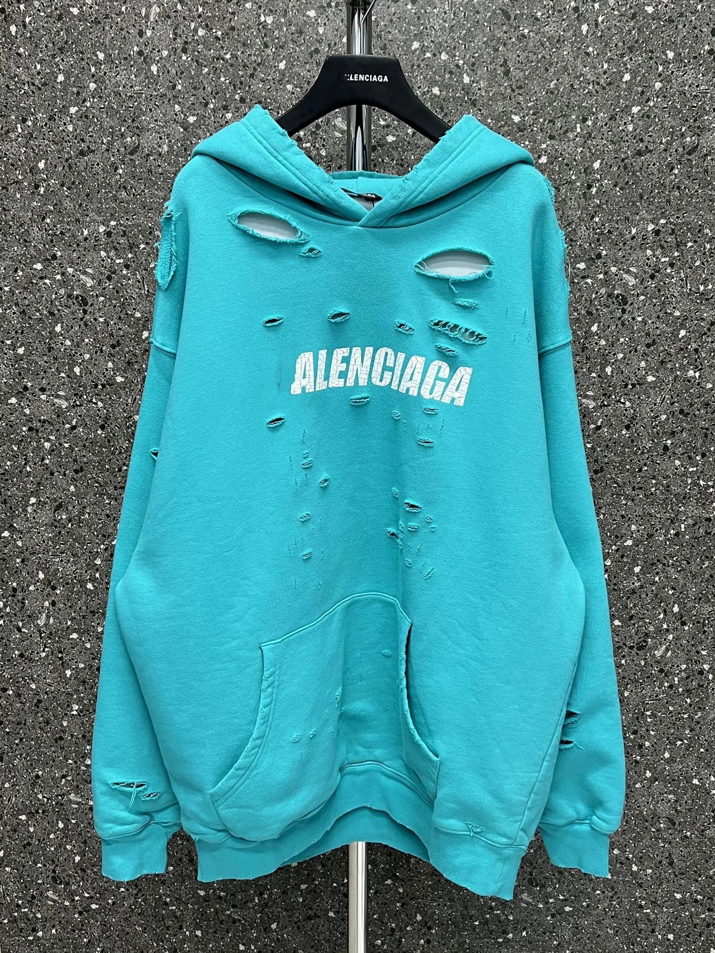 Balenciaga Turquoise Distressed Hoodie
