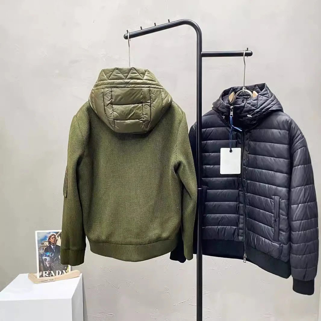 Hooded patchwork knitted sleeve down jacket 5