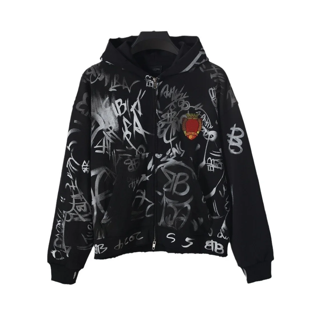 Black zipper graffiti hoodie jacket b 5320*