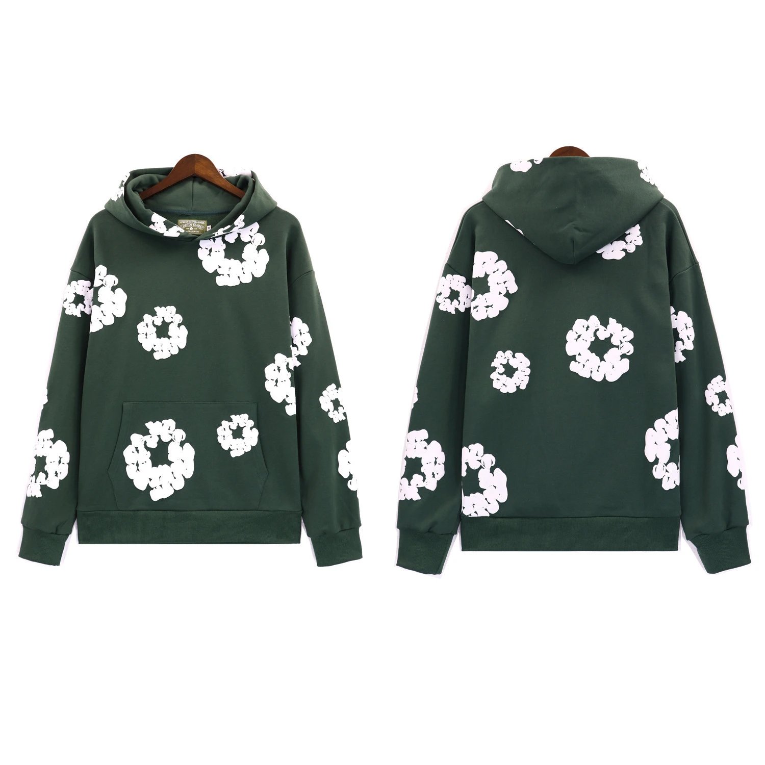 Dark green hoodie (white floral wreath)