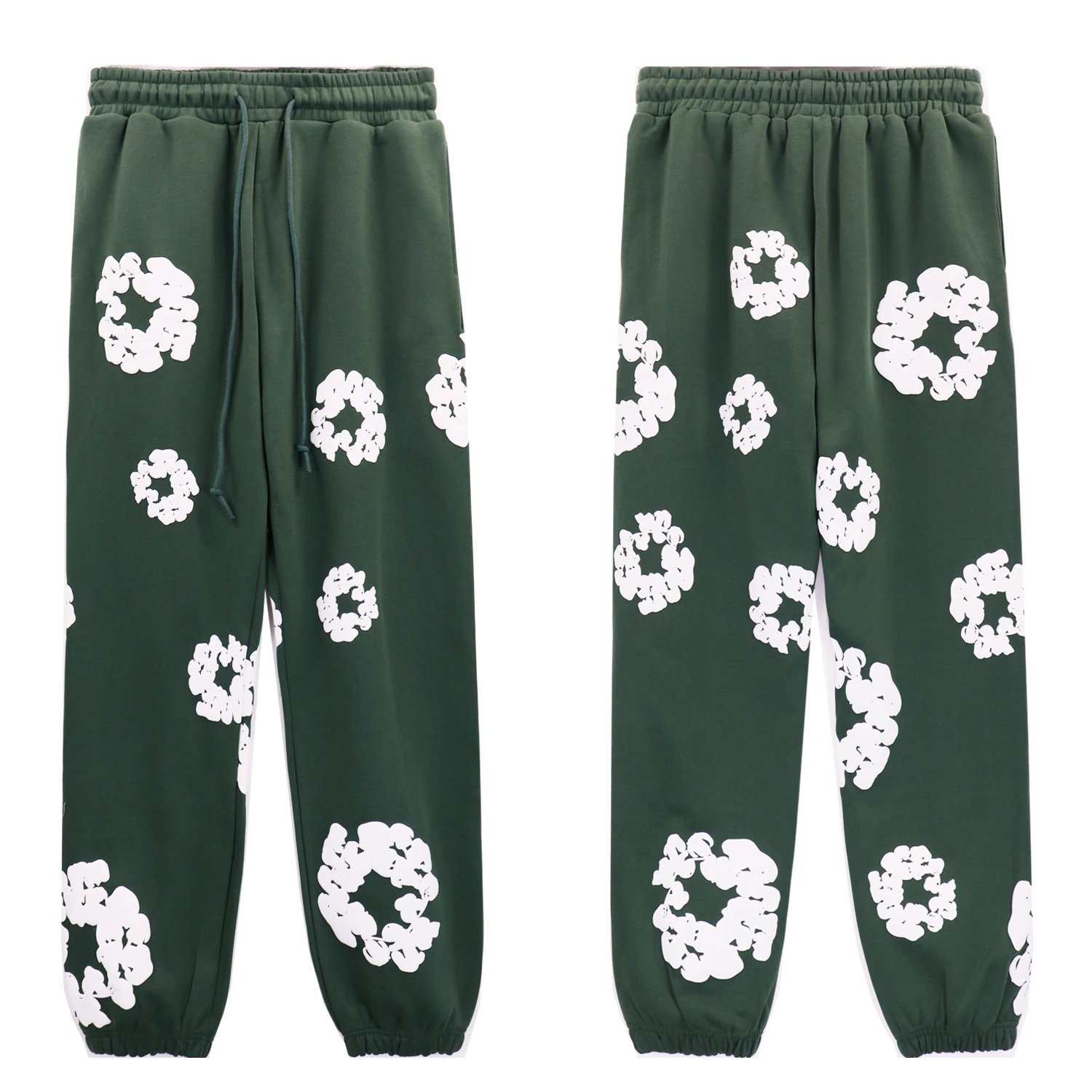 Dark green pants (white floral wreath)