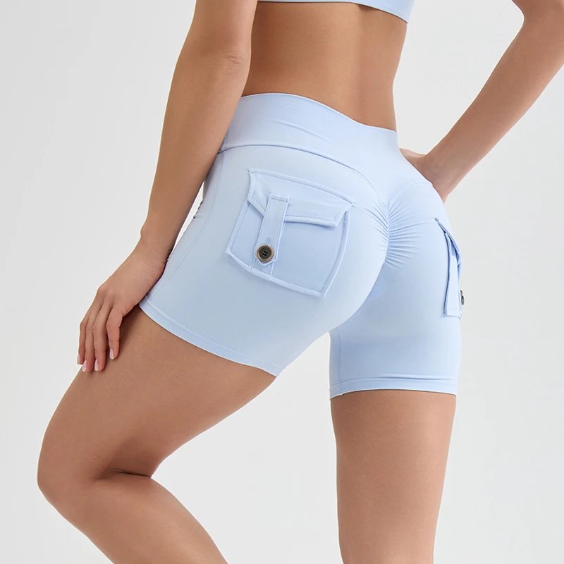 High-Waisted Light Blue Pocketed Workout Shorts