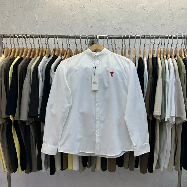AMI Paris Shirts de Coeur Embroidered Button-Down Shirt product detail image 5