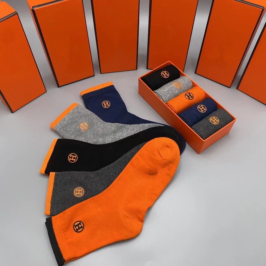 Hermès Logo-Embroidered Cotton Socks Set in Black, Navy, Gray, and Orange - 7