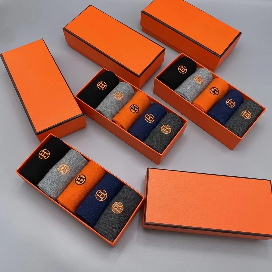Hermès Logo-Embroidered Cotton Socks Set in Black, Navy, Gray, and Orange - 3