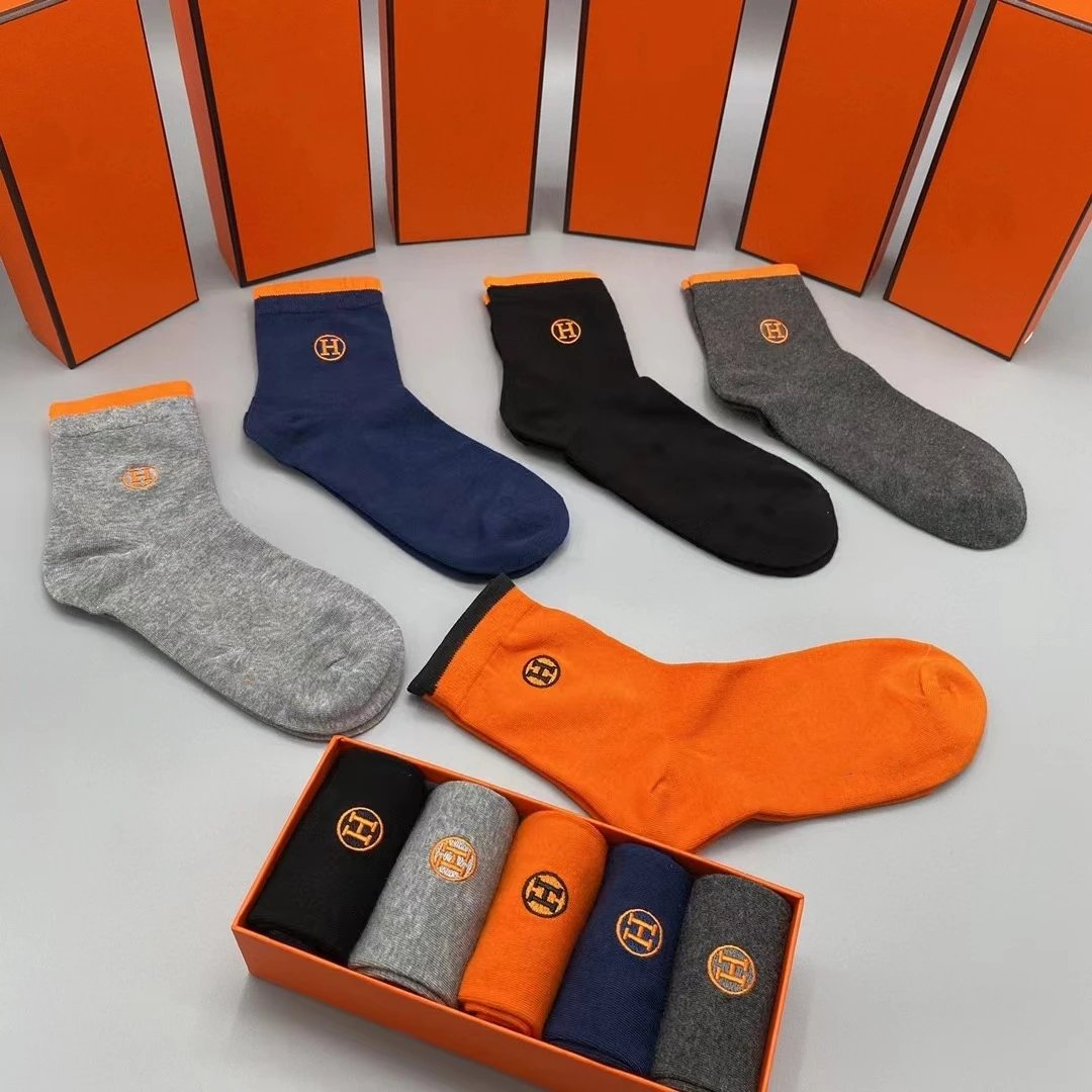 Hermès Logo-Embroidered Cotton Socks Set in Black, Navy, Gray, and Orange - 8