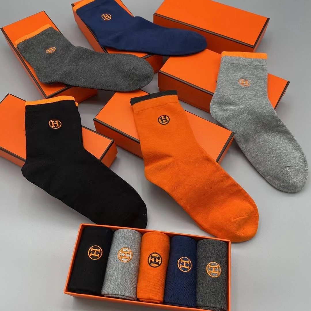 Hermès Logo-Embroidered Cotton Socks Set in Black, Navy, Gray, and Orange - 4