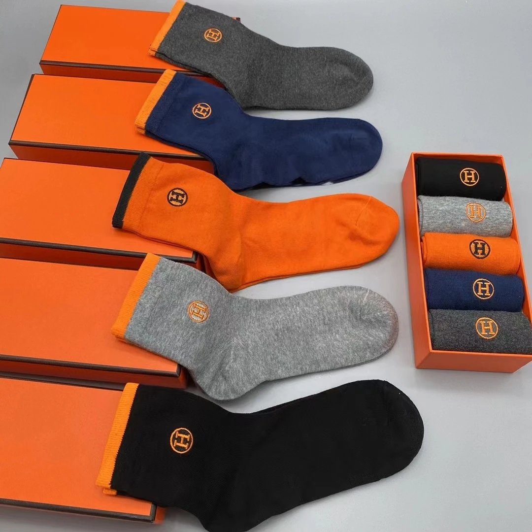 Hermès Logo-Embroidered Cotton Socks Set in Black, Navy, Gray, and Orange - 9