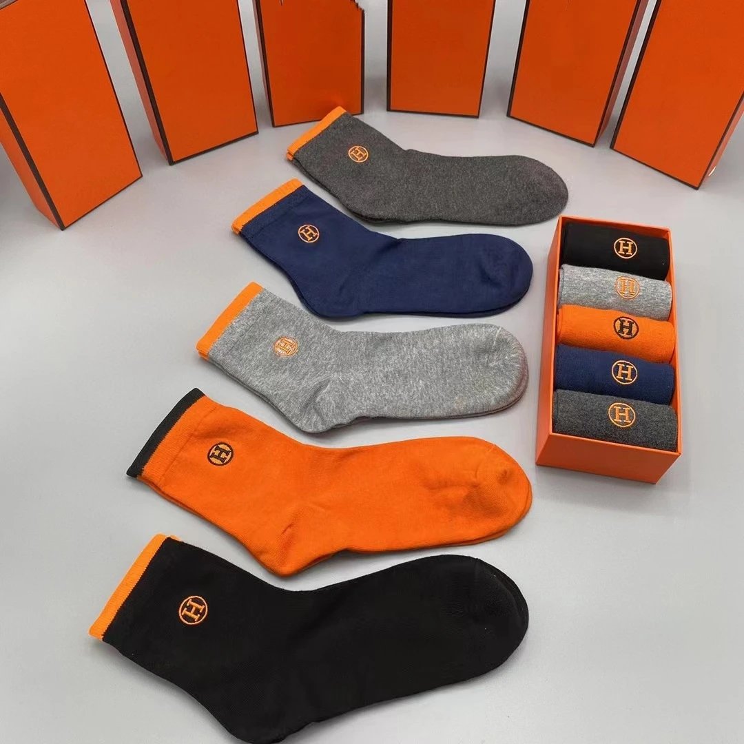 Hermès Logo-Embroidered Cotton Socks Set in Black, Navy, Gray, and Orange - 6