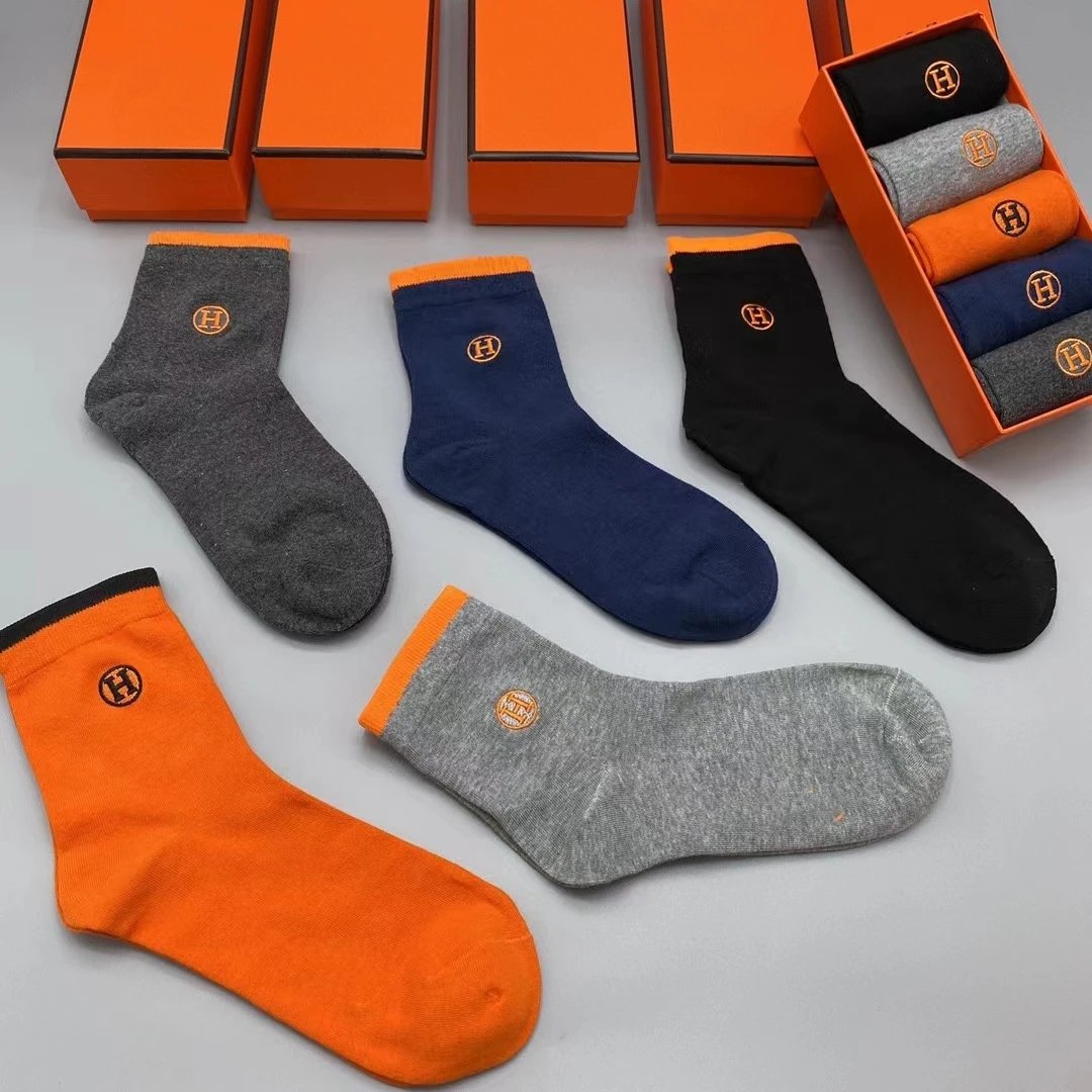 Hermès Logo-Embroidered Cotton Socks Set in Black, Navy, Gray, and Orange - 2
