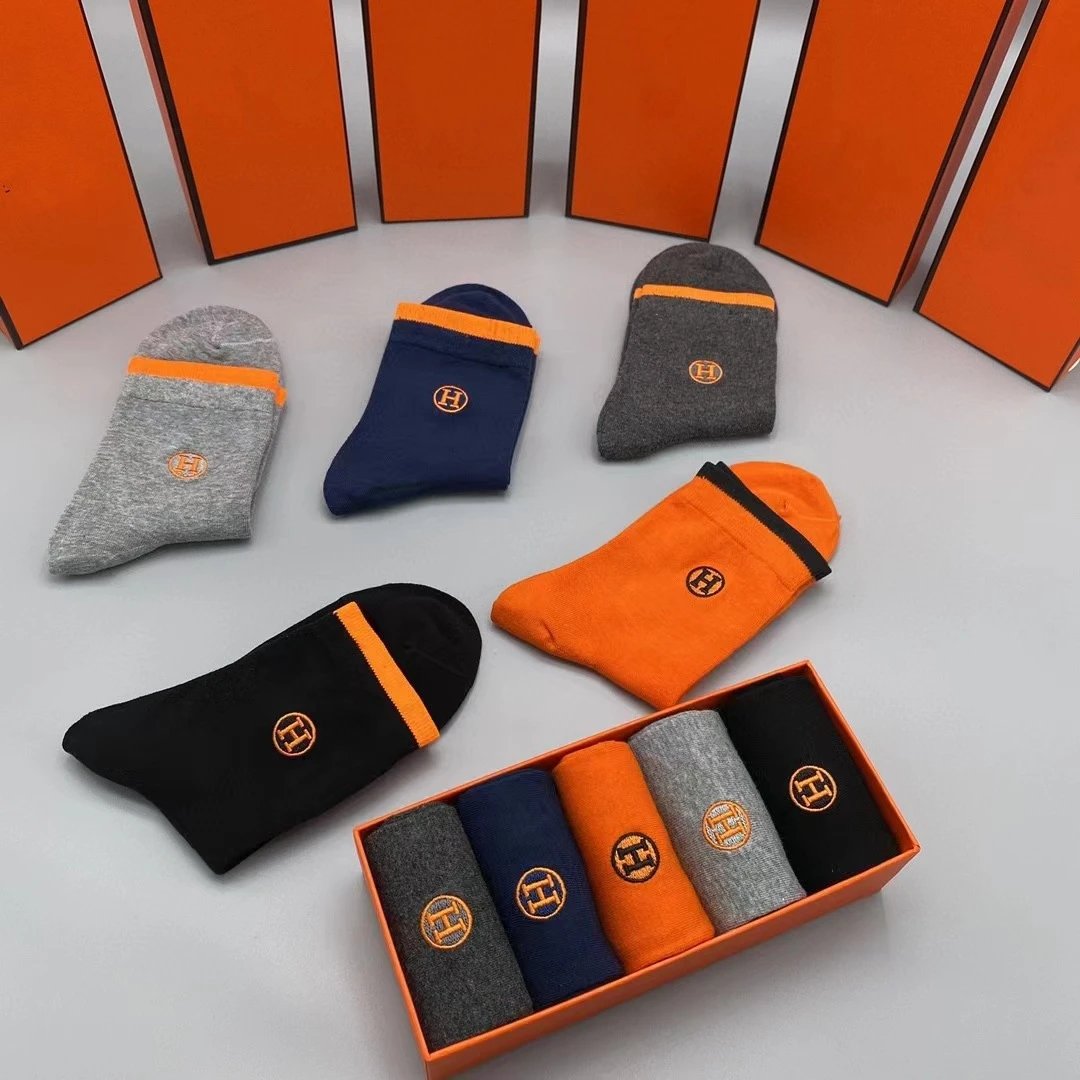 Hermès Logo-Embroidered Cotton Socks Set in Black, Navy, Gray, and Orange - 5