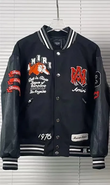 Amiri Varsity Jacket Black Leather-Sleeve Embroidered College Jacket - 1
