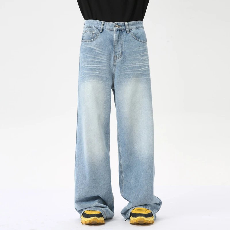 American washed crease design for vintage light blue jeans