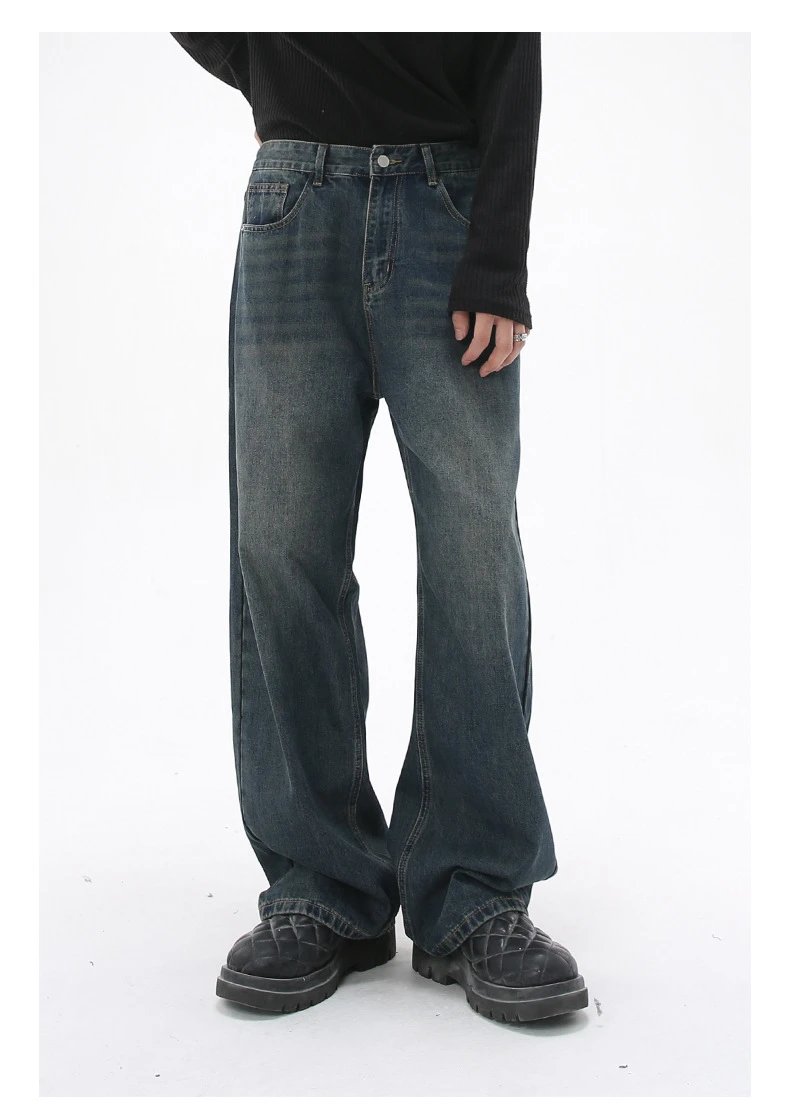 Washed and Aged Denim Blue Loose Straight Casual Pants