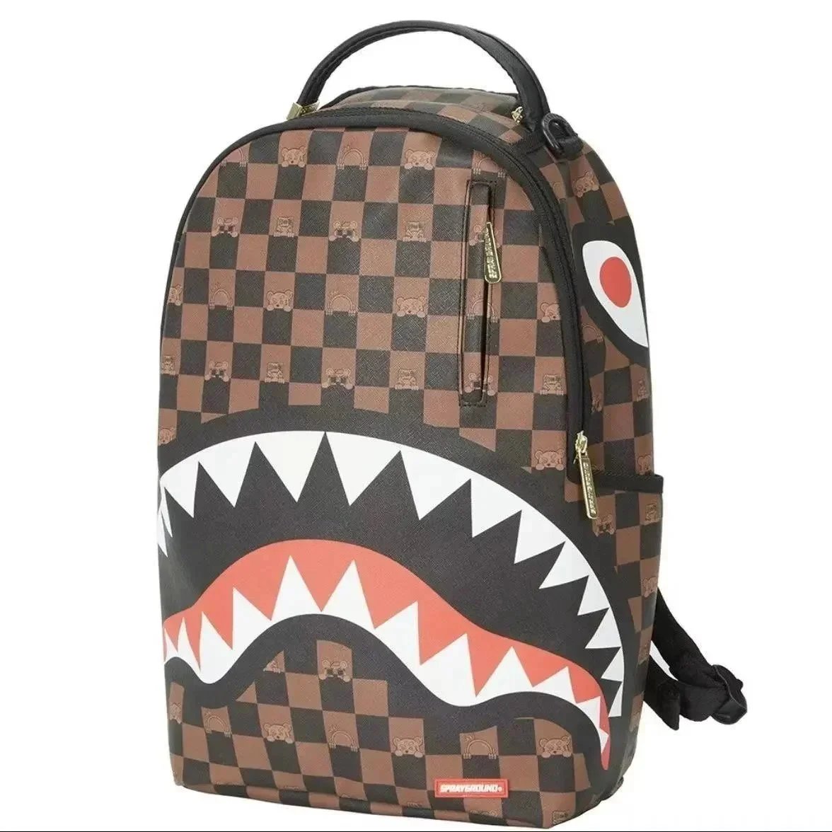 Design Sprayground Shark Mouth Graffiti Checkered Backpack Pink Black White Mini Backpack - 9