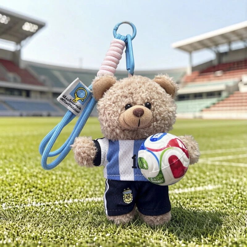 Brown bear – blue and white jersey – colorful soccer ball
