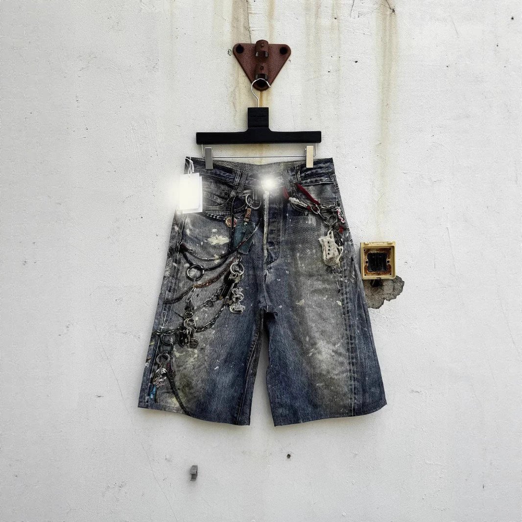 Classic candy style 3D printed flower trompe l’oeil low waist loose denim shorts for men and women