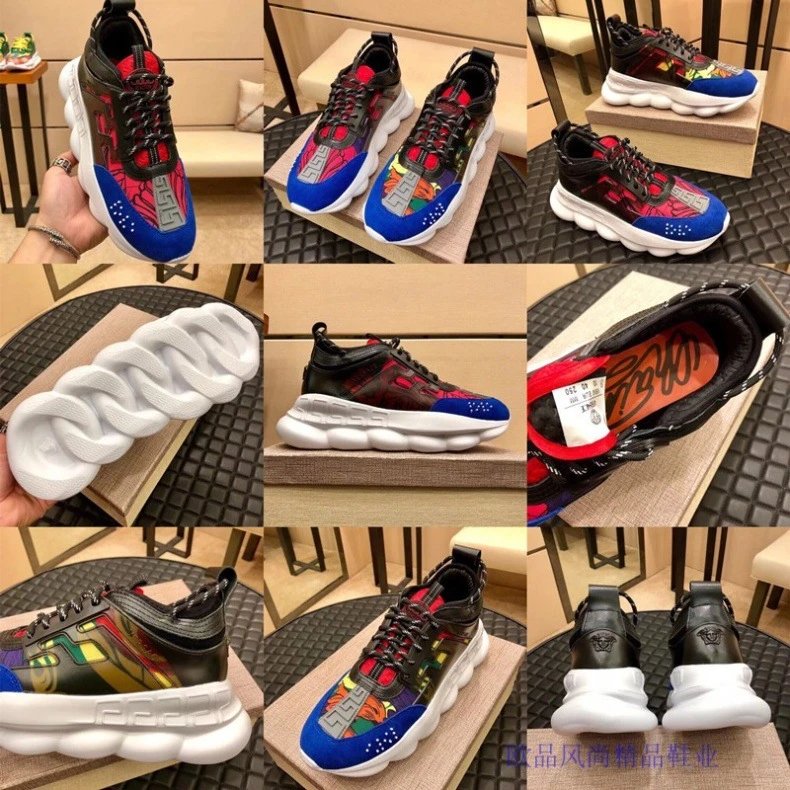 Versace Chain Reaction Leopard Print Red Lace Chunky Sneakers - 28