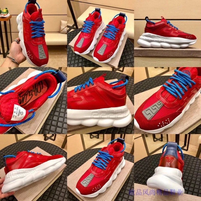 Versace Chain Reaction Leopard Print Red Lace Chunky Sneakers - 36