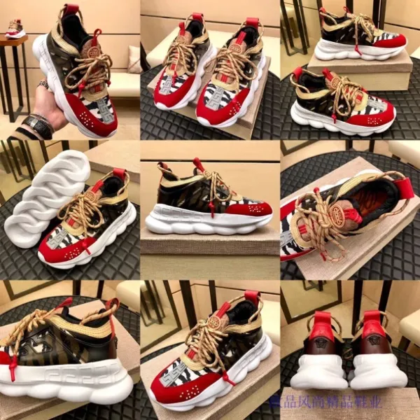 Versace Chain Reaction Leopard Print Red Lace Chunky Sneakers - 40