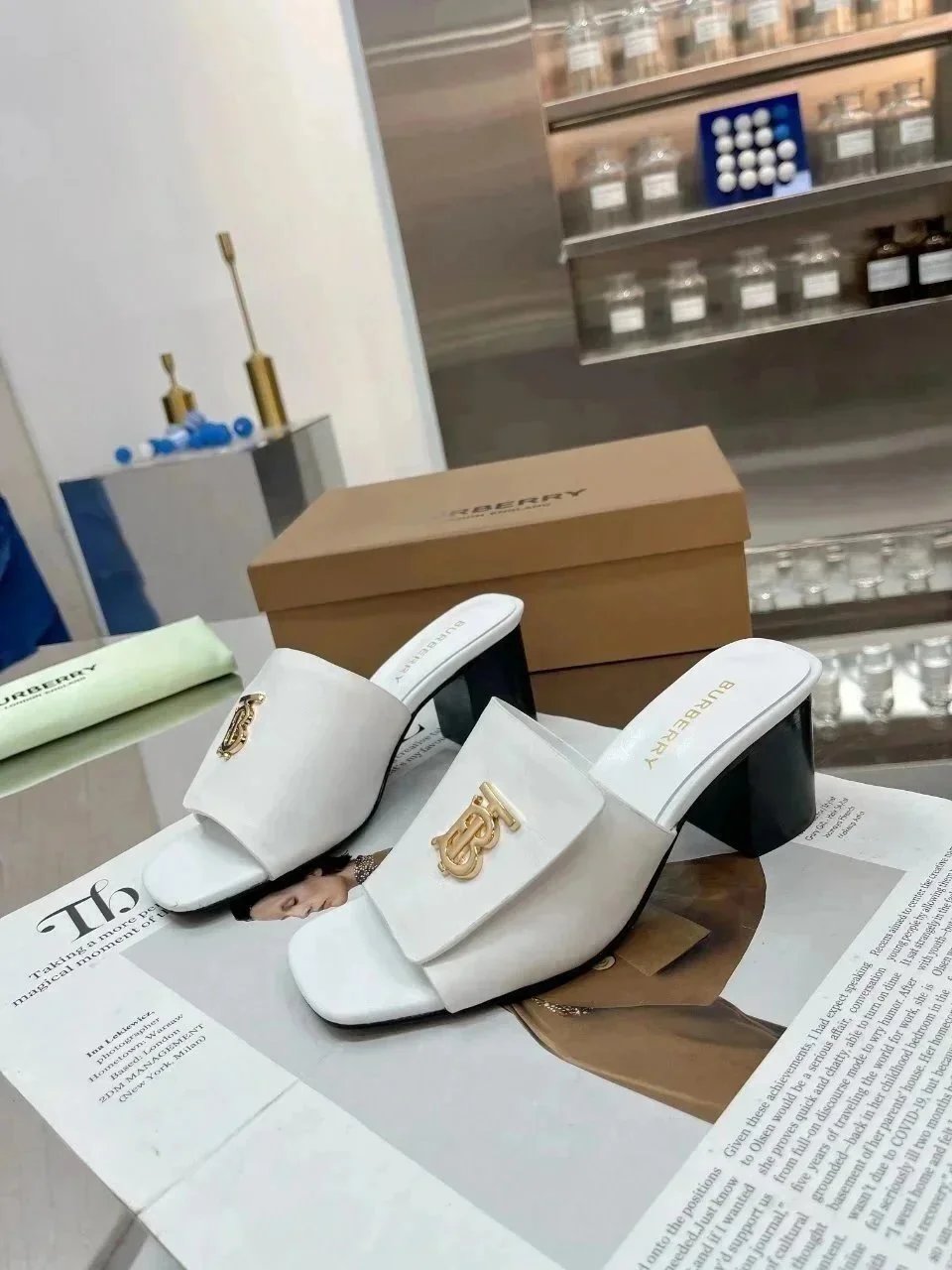Burberry TB Logo Slide Sandals Gold Metallic Block Heel Slippers - 18