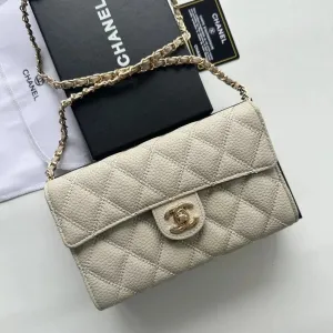 Chanel Classic Flap Mini in Beige Caviar Leather with Gold Hardware Chain Bag