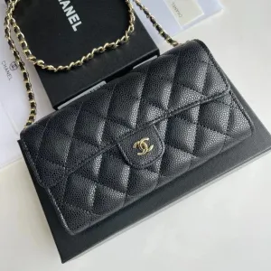 Chanel Classic Flap Wallet on Chain Black Caviar Leather Long Wallet