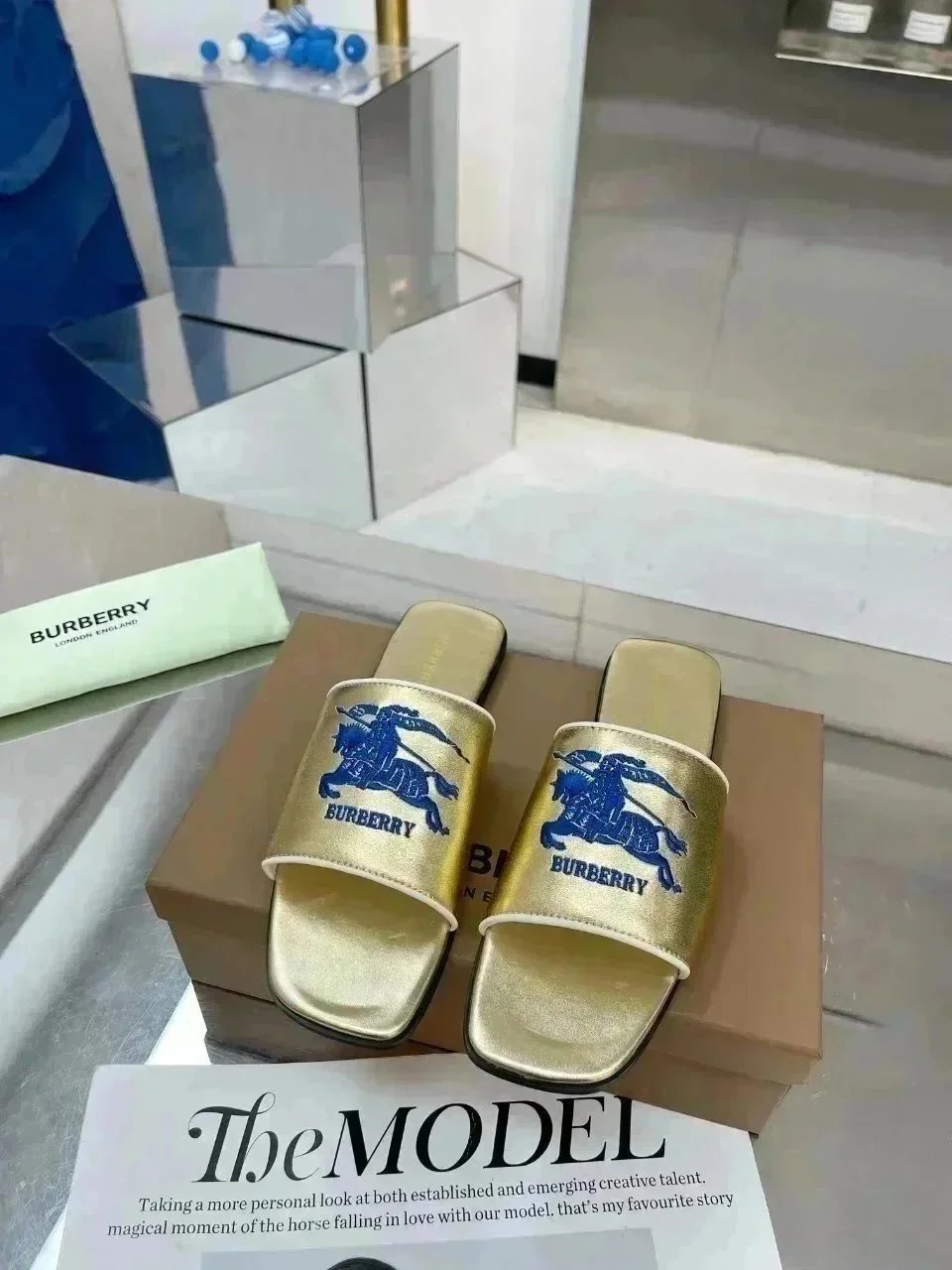 Burberry TB Logo Slide Sandals Gold Metallic Block Heel Slippers - 7