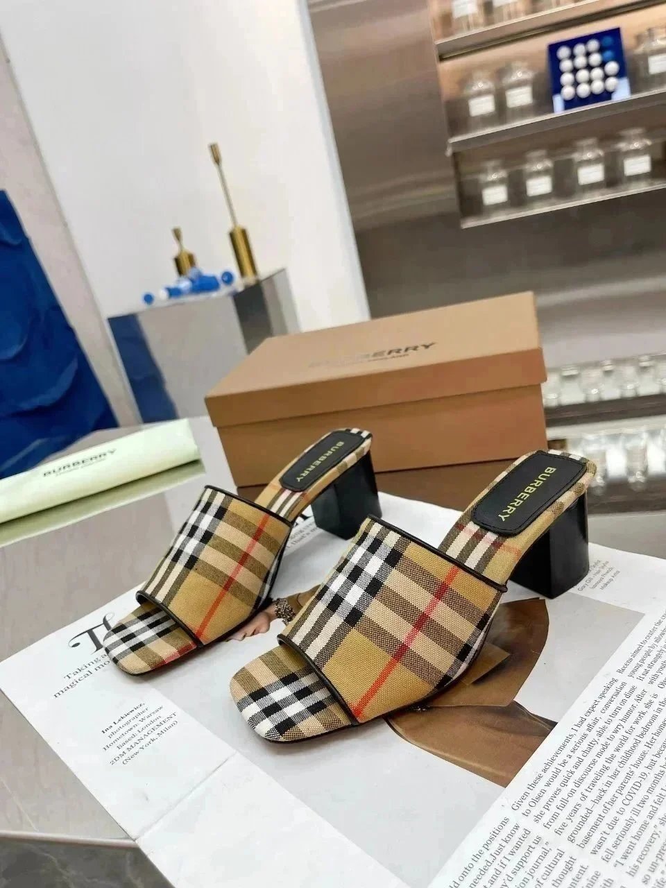 Burberry TB Logo Slide Sandals Gold Metallic Block Heel Slippers - 24