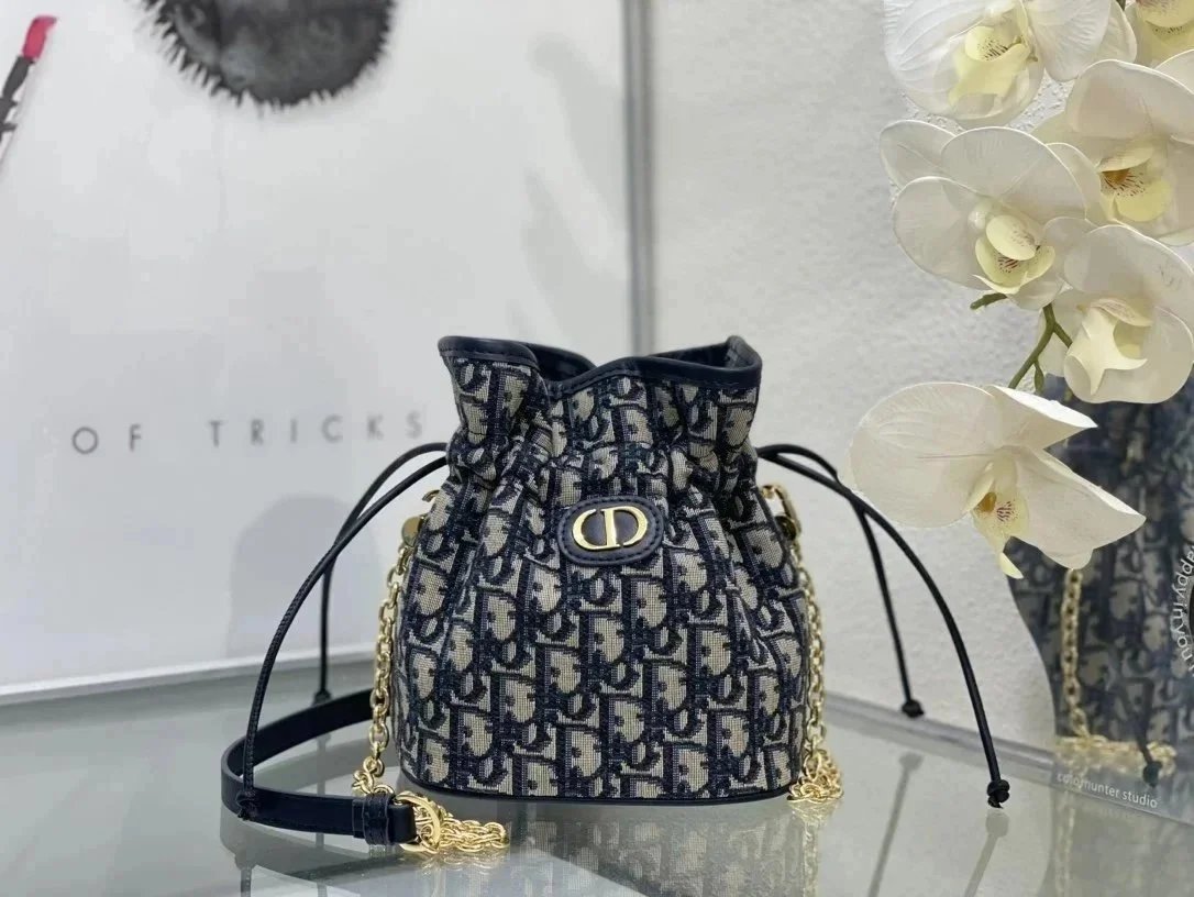 Dior Mini Book Tote Bucket Bag Navy and Beige Oblique Print