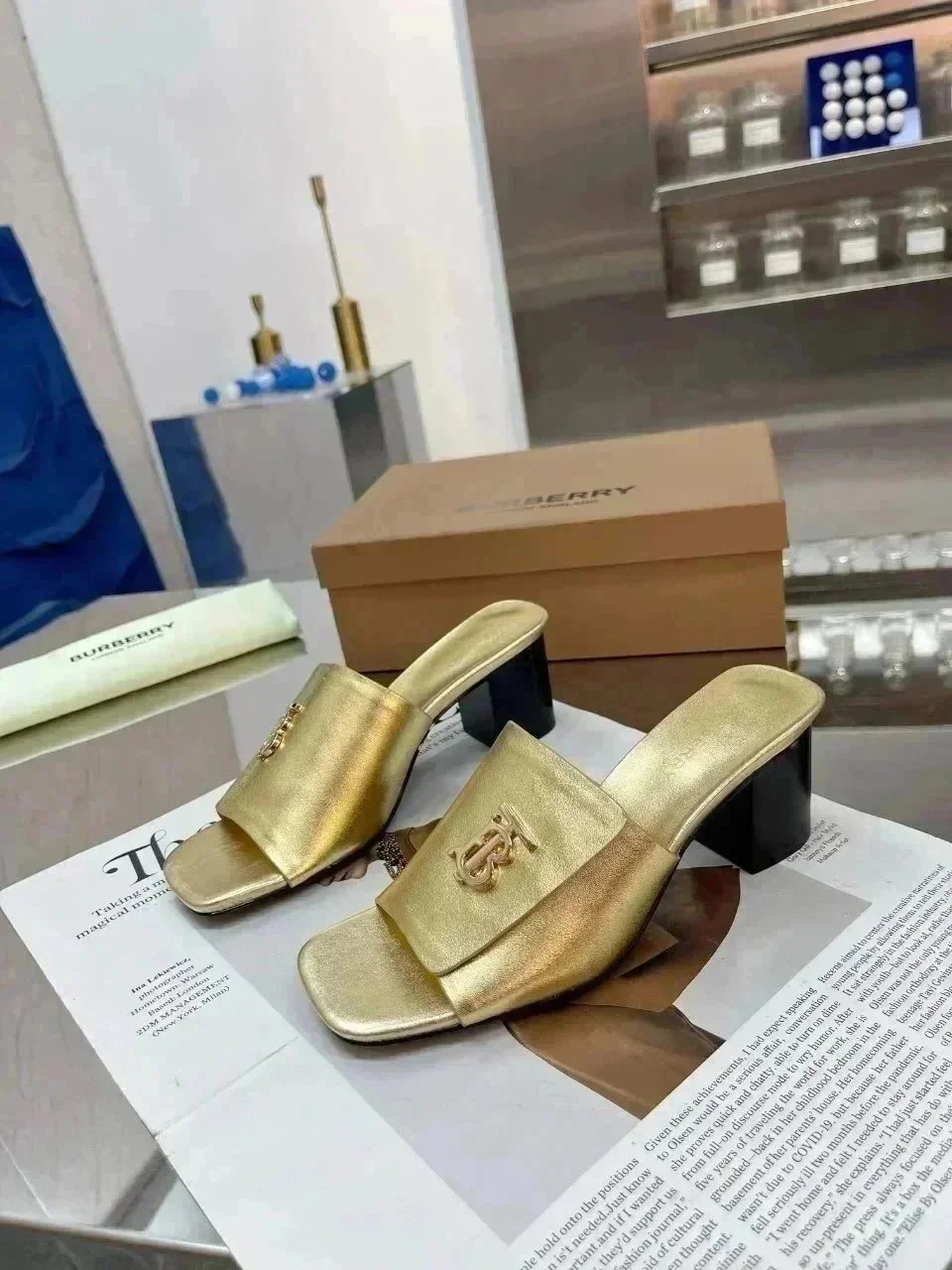 Burberry TB Logo Slide Sandals Gold Metallic Block Heel Slippers